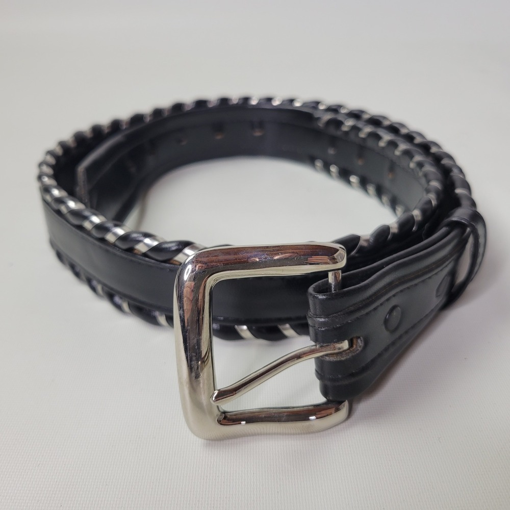 Fisher 8011 Black Leather Braided Metallic Trim Belt Made in USA Size 36